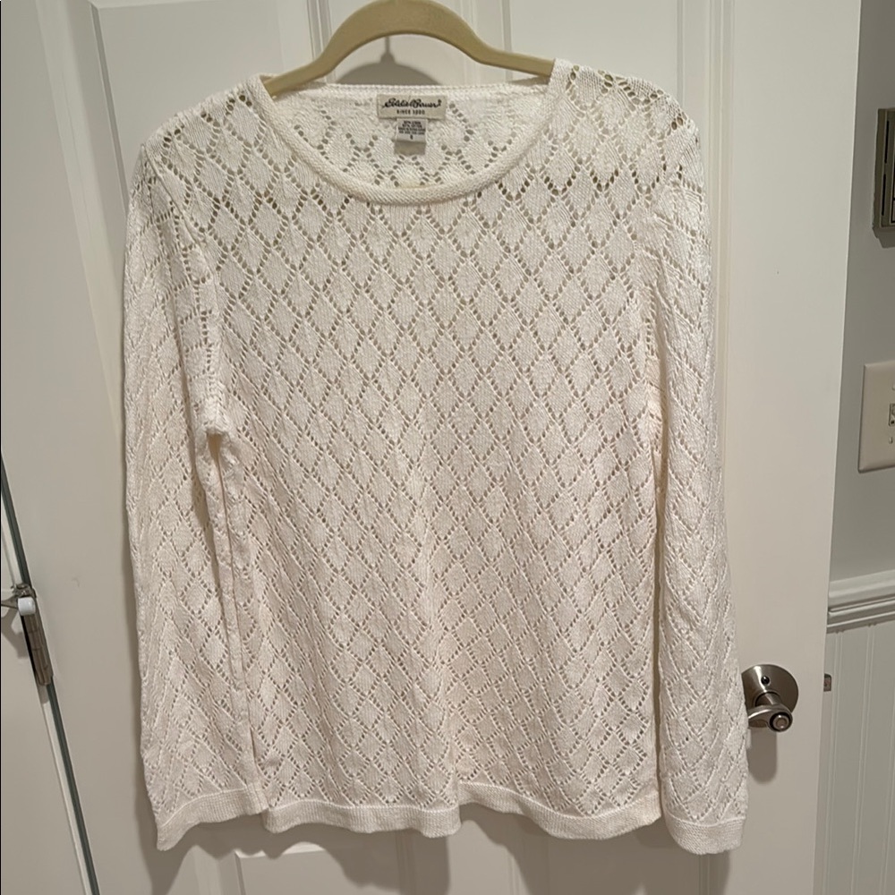 Eddie Bauer Cream Long Sleeve Tunic with Intricate Pattern Size S
